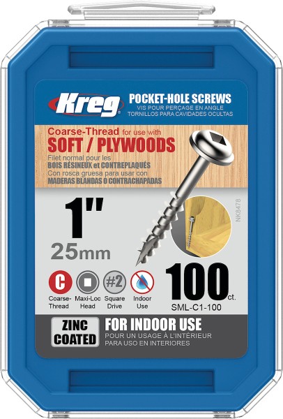 Kreg Pocket-Hole Screws 25 mm, Zinc Coated, Maxi-Loc, Coarse Thread, 100 piece